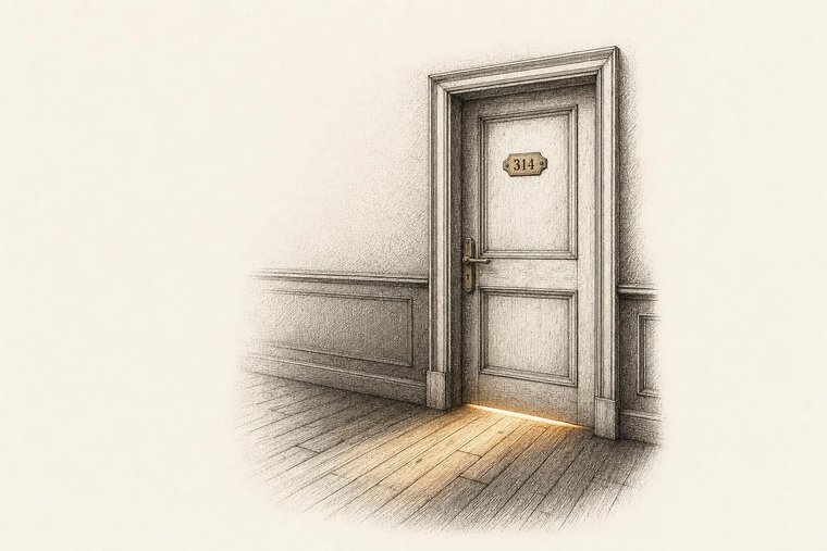 In-book illustration: ink-etched hotel door 314 with warm light beneath it
